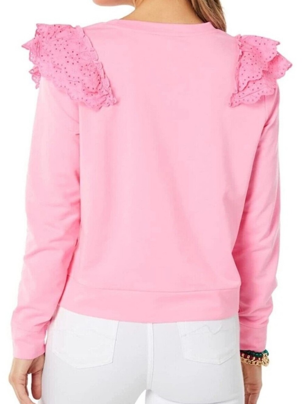 Lilly Pulitzer Deva Ruffle Eyelet Crewneck Pullover Pink Shandy Medium - Picture 7 of 12